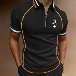 Sale OUKU Men's Polo Shirt Quarter Zip Polo Street Casual Turndown Quarter Zip Short Sleeve Fashion Casual Letter Zipper Quarter Zip Spring & Summer Regular Fit Black Army Green Blue Gray Polo Shirt