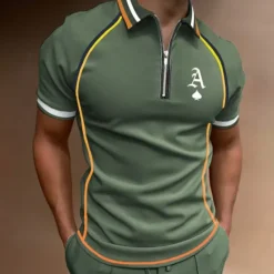 Sale OUKU Men's Polo Shirt Quarter Zip Polo Street Casual Turndown Quarter Zip Short Sleeve Fashion Casual Letter Zipper Quarter Zip Spring & Summer Regular Fit Black Army Green Blue Gray Polo Shirt