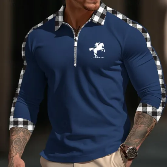 Best OUKU Men's Polo Shirt Quarter Zip Polo Daily Wear Vacation Lapel Long Sleeve Fashion Comfortable Plaid Color Block Embroidery Zip Up Spring & Fall Regular Fit White Yellow Navy Blue Blue Polo Shirt