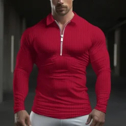 Hot OUKU Men's Polo Shirt Quarter Zip Polo Work Daily Wear Lapel Long Sleeve Fashion Comfortable Plain Vertical Stripes Zip Up Spring & Fall Regular Fit Light Blue Black White Light Green Pink Wine Polo Shirt