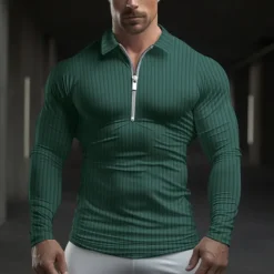 Hot OUKU Men's Polo Shirt Quarter Zip Polo Work Daily Wear Lapel Long Sleeve Fashion Comfortable Plain Vertical Stripes Zip Up Spring & Fall Regular Fit Light Blue Black White Light Green Pink Wine Polo Shirt