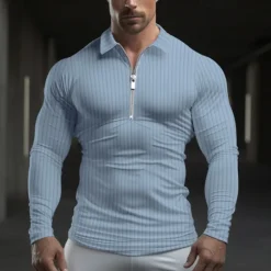 Hot OUKU Men's Polo Shirt Quarter Zip Polo Work Daily Wear Lapel Long Sleeve Fashion Comfortable Plain Vertical Stripes Zip Up Spring & Fall Regular Fit Light Blue Black White Light Green Pink Wine Polo Shirt