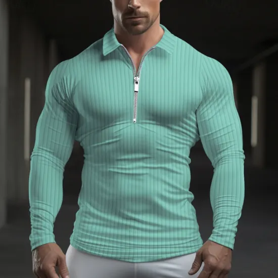 Hot OUKU Men's Polo Shirt Quarter Zip Polo Work Daily Wear Lapel Long Sleeve Fashion Comfortable Plain Vertical Stripes Zip Up Spring & Fall Regular Fit Light Blue Black White Light Green Pink Wine Polo Shirt