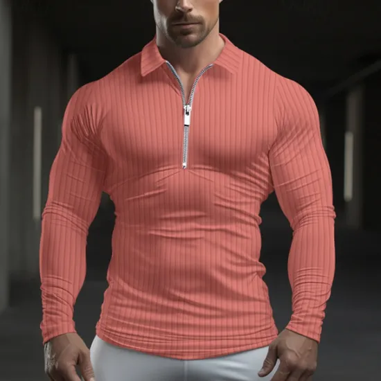 Hot OUKU Men's Polo Shirt Quarter Zip Polo Work Daily Wear Lapel Long Sleeve Fashion Comfortable Plain Vertical Stripes Zip Up Spring & Fall Regular Fit Light Blue Black White Light Green Pink Wine Polo Shirt