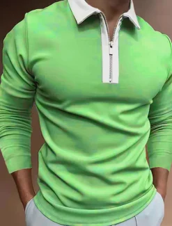 Best OUKU Men's Polo Shirt Quarter Zip Polo Work Casual Classic Collar Quarter Zip Long Sleeve Fashion Business Color Block Patchwork Zipper Winter Fall & Winter Regular Fit Wine Black Navy Blue Green Light