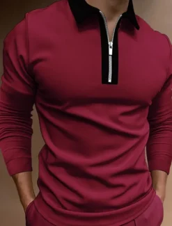 Best OUKU Men's Polo Shirt Quarter Zip Polo Work Casual Classic Collar Quarter Zip Long Sleeve Fashion Business Color Block Patchwork Zipper Winter Fall & Winter Regular Fit Wine Black Navy Blue Green Light
