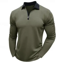 Discount OUKU Men's Polo Shirt Quarter Zip Polo Street Vacation Quarter Zip Long Sleeve Fashion Basic Solid Color Pocket Spring & Fall Regular Fit Black White Burgundy Navy Blue Khaki Army Green Polo Shirt