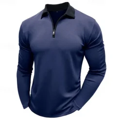 Discount OUKU Men's Polo Shirt Quarter Zip Polo Street Vacation Quarter Zip Long Sleeve Fashion Basic Solid Color Pocket Spring & Fall Regular Fit Black White Burgundy Navy Blue Khaki Army Green Polo Shirt
