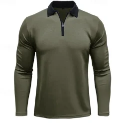 Discount OUKU Men's Polo Shirt Quarter Zip Polo Street Vacation Quarter Zip Long Sleeve Fashion Basic Solid Color Pocket Spring & Fall Regular Fit Black White Burgundy Navy Blue Khaki Army Green Polo Shirt