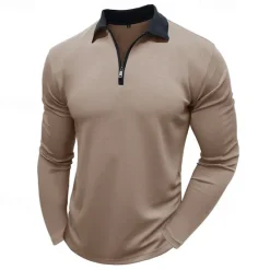 Discount OUKU Men's Polo Shirt Quarter Zip Polo Street Vacation Quarter Zip Long Sleeve Fashion Basic Solid Color Pocket Spring & Fall Regular Fit Black White Burgundy Navy Blue Khaki Army Green Polo Shirt