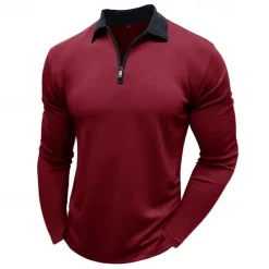 Discount OUKU Men's Polo Shirt Quarter Zip Polo Street Vacation Quarter Zip Long Sleeve Fashion Basic Solid Color Pocket Spring & Fall Regular Fit Black White Burgundy Navy Blue Khaki Army Green Polo Shirt