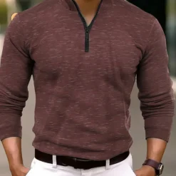 OUKU Men's Polo Shirt Quarter Zip Polo Work Daily Wear Quarter Zip Long Sleeve Fashion Comfortable Plain Zip Up Spring & Fall Regular Fit Wine Blue Orange Green Polo Shirt