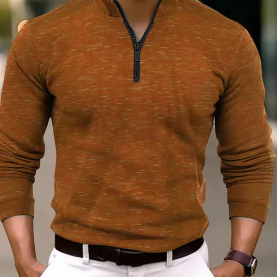 OUKU Men's Polo Shirt Quarter Zip Polo Work Daily Wear Quarter Zip Long Sleeve Fashion Comfortable Plain Zip Up Spring & Fall Regular Fit Wine Blue Orange Green Polo Shirt