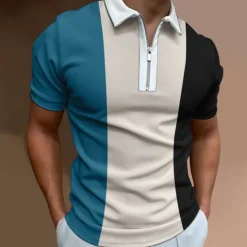 Sale OUKU Men's Polo Shirt Quarter Zip Polo Going out golf shirts Turndown Quarter Zip Short Sleeve Streetwear Designer Geometry Quarter Zip Spring & Summer Slim Wine Black-White Blue Brown Green Blue / White