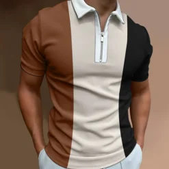 Sale OUKU Men's Polo Shirt Quarter Zip Polo Going out golf shirts Turndown Quarter Zip Short Sleeve Streetwear Designer Geometry Quarter Zip Spring & Summer Slim Wine Black-White Blue Brown Green Blue / White
