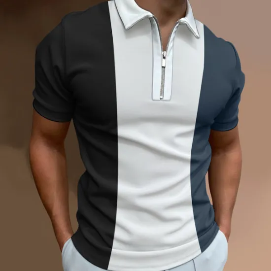 Sale OUKU Men's Polo Shirt Quarter Zip Polo Going out golf shirts Turndown Quarter Zip Short Sleeve Streetwear Designer Geometry Quarter Zip Spring & Summer Slim Wine Black-White Blue Brown Green Blue / White