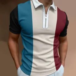 Sale OUKU Men's Polo Shirt Quarter Zip Polo Going out golf shirts Turndown Quarter Zip Short Sleeve Streetwear Designer Geometry Quarter Zip Spring & Summer Slim Wine Black-White Blue Brown Green Blue / White