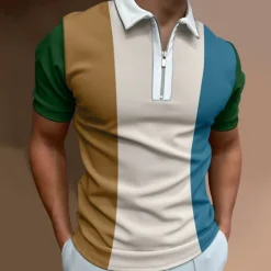 Sale OUKU Men's Polo Shirt Quarter Zip Polo Going out golf shirts Turndown Quarter Zip Short Sleeve Streetwear Designer Geometry Quarter Zip Spring & Summer Slim Wine Black-White Blue Brown Green Blue / White