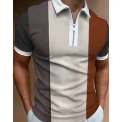 Sale OUKU Men's Polo Shirt Quarter Zip Polo Going out golf shirts Turndown Quarter Zip Short Sleeve Streetwear Designer Geometry Quarter Zip Spring & Summer Slim Wine Black-White Blue Brown Green Blue / White