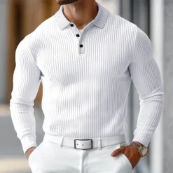 Outlet OUKU Men's Polo Shirt Rib Knit Top Business Casual Ribbed Polo Collar Long Sleeve Fashion Basic Solid Color Knitting Fall Winter Regular Fit Dark Grey Black White Burgundy Navy Blue Dark Green Polo Shirt