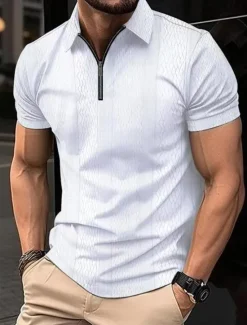 Online OUKU Men's Polo Shirt Work Street Turndown Short Sleeves Solid / Plain Color Basic Summer Loose Fit Black White Pink Light Brown khaki Polo Shirt