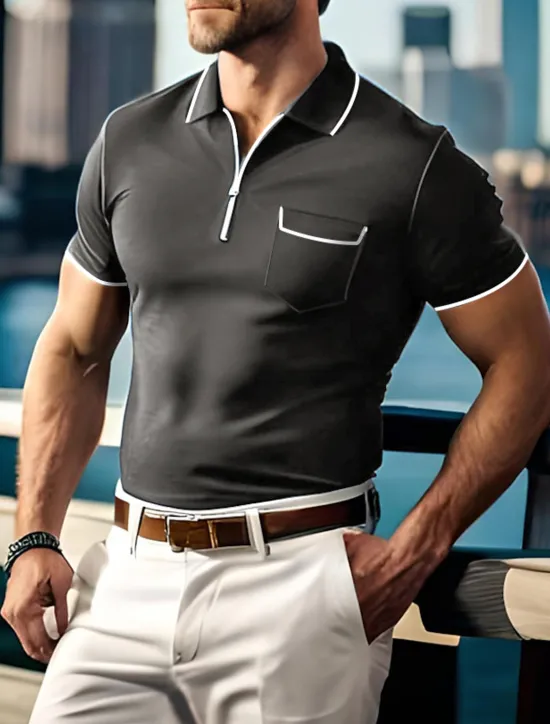 Clearance OUKU Men's Polo Shirt Zip Polo Outdoor Sports Lapel Quarter Zip Short Sleeve Fashion Modern Plain Zipper Front Pocket Summer Regular Fit Black Green Dark Blue Gray Polo Shirt