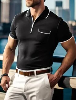 Clearance OUKU Men's Polo Shirt Zip Polo Outdoor Sports Lapel Quarter Zip Short Sleeve Fashion Modern Plain Zipper Front Pocket Summer Regular Fit Black Green Dark Blue Gray Polo Shirt