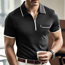 Sale OUKU Men's Polo Shirt Zip Polo Casual Holiday Lapel Quarter Zip Short Sleeve Fashion Basic Plain Quarter Zip Summer Regular Fit Black Dark Navy Orange Green Gray Polo Shirt