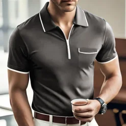 Sale OUKU Men's Polo Shirt Zip Polo Casual Holiday Lapel Quarter Zip Short Sleeve Fashion Basic Plain Quarter Zip Summer Regular Fit Black Dark Navy Orange Green Gray Polo Shirt