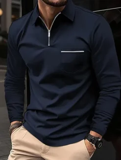 Clearance OUKU Men's Polo Shirt Zip Polo Outdoor Casual Lapel Quarter Zip Long Sleeve Fashion Basic Solid / Plain Color Quarter Zip Spring & Fall Regular Fit Black White Pink Wine Dark Navy Blue Polo Shirt