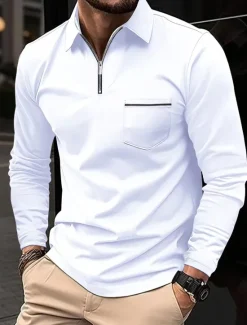 Clearance OUKU Men's Polo Shirt Zip Polo Outdoor Casual Lapel Quarter Zip Long Sleeve Fashion Basic Solid / Plain Color Quarter Zip Spring & Fall Regular Fit Black White Pink Wine Dark Navy Blue Polo Shirt