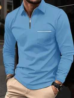 Clearance OUKU Men's Polo Shirt Zip Polo Outdoor Casual Lapel Quarter Zip Long Sleeve Fashion Basic Solid / Plain Color Quarter Zip Spring & Fall Regular Fit Black White Pink Wine Dark Navy Blue Polo Shirt