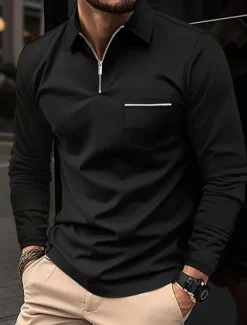 Clearance OUKU Men's Polo Shirt Zip Polo Outdoor Casual Lapel Quarter Zip Long Sleeve Fashion Basic Solid / Plain Color Quarter Zip Spring & Fall Regular Fit Black White Pink Wine Dark Navy Blue Polo Shirt