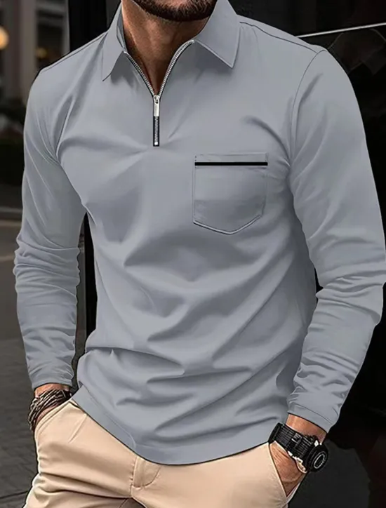 Clearance OUKU Men's Polo Shirt Zip Polo Outdoor Casual Lapel Quarter Zip Long Sleeve Fashion Basic Solid / Plain Color Quarter Zip Spring & Fall Regular Fit Black White Pink Wine Dark Navy Blue Polo Shirt