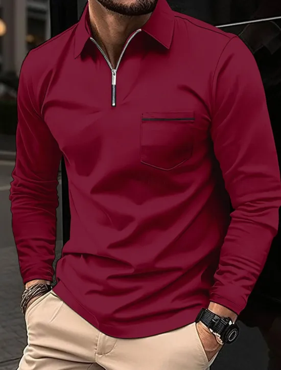Clearance OUKU Men's Polo Shirt Zip Polo Outdoor Casual Lapel Quarter Zip Long Sleeve Fashion Basic Solid / Plain Color Quarter Zip Spring & Fall Regular Fit Black White Pink Wine Dark Navy Blue Polo Shirt