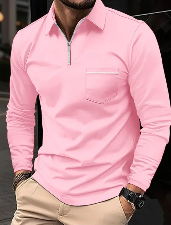 Clearance OUKU Men's Polo Shirt Zip Polo Outdoor Casual Lapel Quarter Zip Long Sleeve Fashion Basic Solid / Plain Color Quarter Zip Spring & Fall Regular Fit Black White Pink Wine Dark Navy Blue Polo Shirt