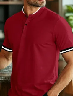 Outlet OUKU Men's Polo Shirts Collarless Golf Shirts Casual Stand Collar Short Sleeve Basic Comfortable Plain Buttons Summer Spring Regular Fit Black White Red Polo Shirts