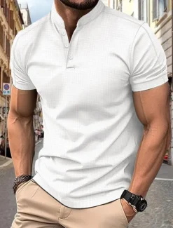 Discount OUKU Men's Polo Shirts Collarless Golf Shirts Casual Stand Collar Short Sleeve Basic Comfortable Plain Buttons Summer Spring Regular Fit Black White Navy Blue Gray Polo Shirts