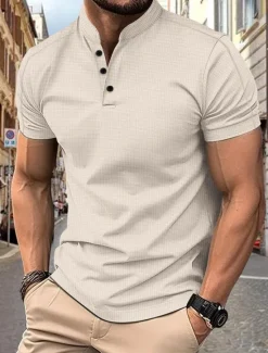 Discount OUKU Men's Polo Shirts Collarless Golf Shirts Casual Stand Collar Short Sleeve Basic Comfortable Plain Buttons Summer Spring Regular Fit Black White Navy Blue Gray Polo Shirts