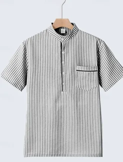 Hot OUKU Men's Polo Shirts Golf Shirt Outdoor Daily Wear Banded Collar Short Sleeve Fashion Hawaiian Stripe Pocket Summer Regular Fit Black Blue Sky Blue Green Apricot Polo Shirts