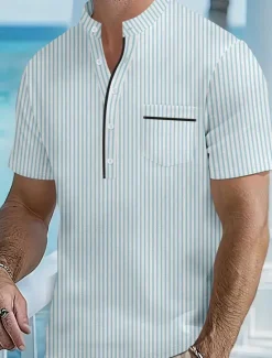 Hot OUKU Men's Polo Shirts Golf Shirt Outdoor Daily Wear Banded Collar Short Sleeve Fashion Hawaiian Stripe Pocket Summer Regular Fit Black Blue Sky Blue Green Apricot Polo Shirts
