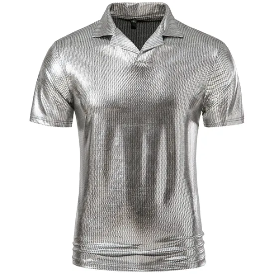 Hot OUKU Men's Polo Shirts Golf Shirt Club Cuban Collar Lapel Short Sleeve Casual Waves Novelty Button Front Spring & Summer Regular Fit Silver Black Gold Polo Shirts