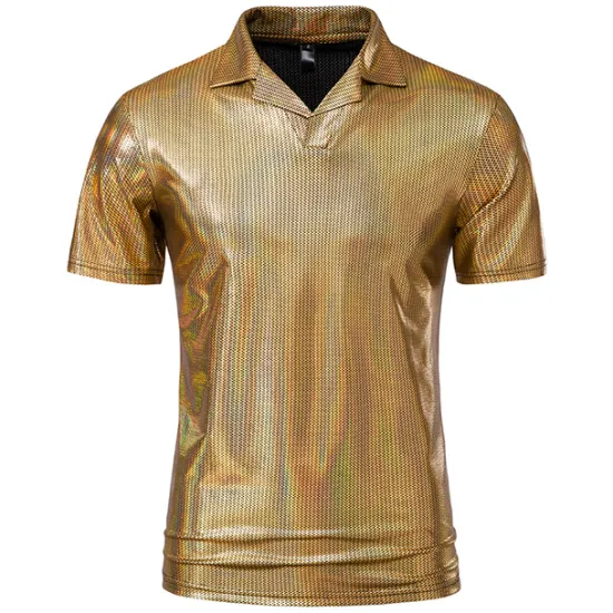 Hot OUKU Men's Polo Shirts Golf Shirt Club Cuban Collar Lapel Short Sleeve Casual Waves Novelty Button Front Spring & Summer Regular Fit Silver Black Gold Polo Shirts