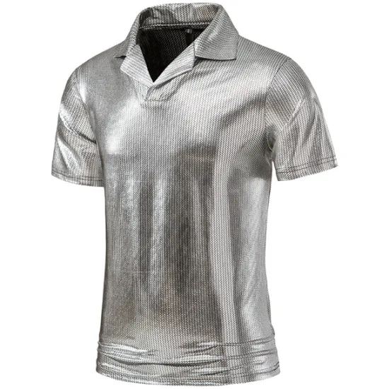 Hot OUKU Men's Polo Shirts Golf Shirt Club Cuban Collar Lapel Short Sleeve Casual Waves Novelty Button Front Spring & Summer Regular Fit Silver Black Gold Polo Shirts