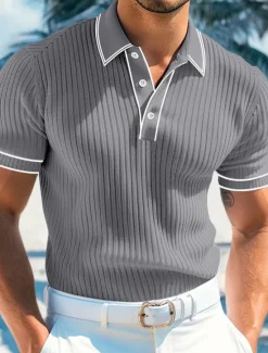Best OUKU Men's Polo Shirts Golf Shirt Holiday Lapel Ribbed Polo Collar Short Sleeve Basic Modern Color Block Patchwork Buttons Spring & Summer Regular Fit Light Blue White Burgundy Navy Blue Gray Polo Shirts