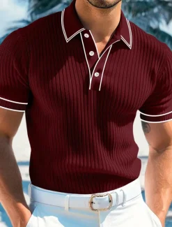 Best OUKU Men's Polo Shirts Golf Shirt Holiday Lapel Ribbed Polo Collar Short Sleeve Basic Modern Color Block Patchwork Buttons Spring & Summer Regular Fit Light Blue White Burgundy Navy Blue Gray Polo Shirts
