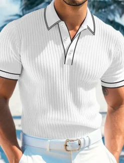 Best OUKU Men's Polo Shirts Golf Shirt Holiday Lapel Ribbed Polo Collar Short Sleeve Basic Modern Color Block Patchwork Buttons Spring & Summer Regular Fit Light Blue White Burgundy Navy Blue Gray Polo Shirts