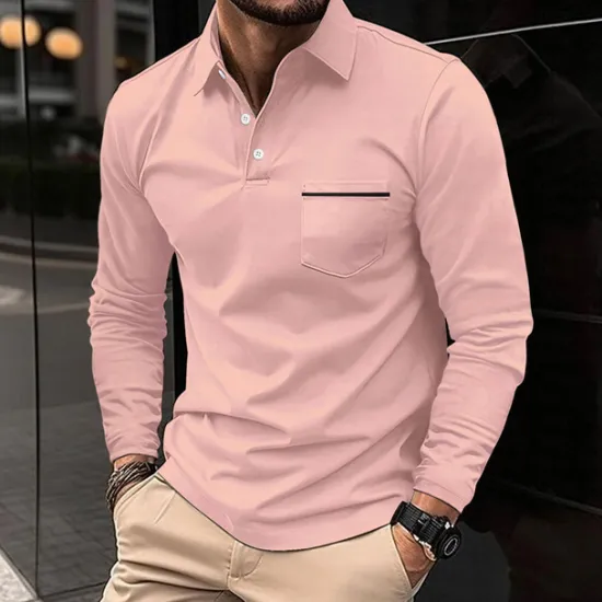 Hot OUKU Men's Polo Shirts Golf Shirt Casual Holiday Lapel Classic Long Sleeve Fashion Basic Plain Solid / Plain Color Buttons Summer Regular Fit claret Light Gray Dark-Gray Black White Pink Polo Shirts