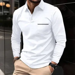 Hot OUKU Men's Polo Shirts Golf Shirt Casual Holiday Lapel Classic Long Sleeve Fashion Basic Plain Solid / Plain Color Buttons Summer Regular Fit claret Light Gray Dark-Gray Black White Pink Polo Shirts