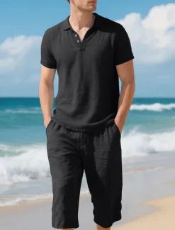 OUKU Men's Polo Shirts Golf Shirt Outdoor Daily Wear Lapel Short Sleeve Fashion Hawaiian Plain 2 Piece Summer Regular Fit Black White Navy Blue Khaki Army Green Light Sky Blue Polo Shirts